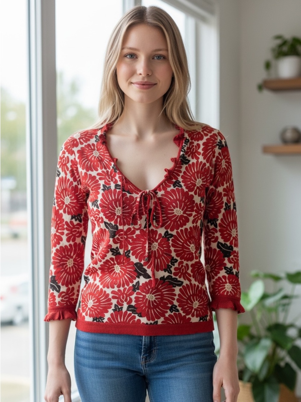 Fendi Red Floral Knit Sweater Top, Size Small/40 IT, EUC